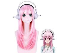 Anime Super Sonico femmes longue rose Cosplay Costume Prop résistant à la chaleur synthétique cheveux perruques casque + perruque gratuite casquette perruque et casque