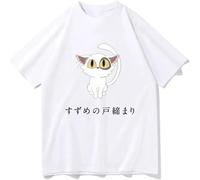 Anime Suzume No Tojimari Cat Daijin Print T Shirt Men Pure Cotton Manga Oversized Breathable Tee White L