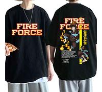 Anime T-Shirt Fire Force Double Face Impression T-Shirt Manches Courtes Hommes Femmes Coton Décontracté Détaché Surdimensionnés T-Shirts Manches Courtes Hauts-Black||XXS