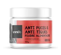 Animigo Poudre Anti Puces et Anti Tiques pour Chat Chien 100g - Saveur Poulet - Source de Vitamines & Minéraux, Repousse Parasites & Insectes, Combat Les Mauvaises Odeurs - Formule Pratique et sûr