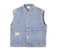 ANIMQUE Bébé Enfant Denim Gilet Printemps Automne Sans Manches Veste Garçons Filles Col Montant Top Unie Couleur Classique Décontracté Bouton Vêtements D’extérieur, Bleu 110