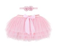 ANIMQUE Bébé Tout-Petit Enfant Fille Tutu Princesse Mini Jupe Super Doux Tulle Taille Élastique Ballet Avec Protège-Couche + Bandeau 6-12 Mois, Rose Clair M
