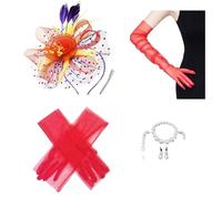 ANIS·KEAAR Chapeaux de thé des années 1920 avec plumes, longs gants en dentelle et collier de perles, pour mariage, église et événements funéraires, rouge, nomal