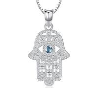 Aniu Collier Main de Fatma Argent Sterling 925 Pendentif Main de Fatma avec Zircon Bleu, Collier Hamsa Fatma avec Oeil, Bijoux pour Femme