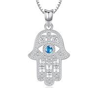 Aniu Collier Main de Fatma Argent Sterling 925, Pendentif Main de Fatma avec Zircon Bleu, Hamsa Collier Main de Fatma avec Oeil, Bijoux Main de Fatma pour Femme