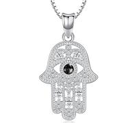 Aniu Collier Main de Fatma Argent Sterling 925, Pendentif Main de Fatma avec Zircon Noire, Hamsa Collier Main de Fatma avec Oeil, Bijoux Main de Fatma pour Femme