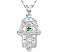 Aniu Collier Main de Fatma Argent Sterling 925, Pendentif Main de Fatma avec Zircon Vert, Hamsa Collier Main de Fatma avec Oeil, Bijoux Main de Fatma pour Femme