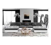 ANIXE - Canapé d'angle panoramique XXL en U - en Tissu et simili (gris foncé et blanc)