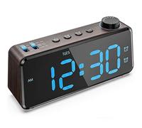 ANJANK Radio-réveil numérique avec Station de Charge USB,Écran LED à intensité Variable,Alimentation Secteur avec Batterie de Secours,Décoration de Chambre à Coucher en Bois