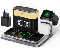 ANJANK Station de Charge sans Fil 5 en 1 Réveil, Chargeur Magnétique Qi2.2 25W, Veilleuse 8 Couleurs pour iPhone 17/16/15 Pro Max Plus Air, Apple Watch AirPods, Adaptateur GaN 45W