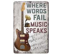 ANJOOY Plaque en métal vintage en forme de guitare avec inscription « Where Words Fail Music Speaks » pour bar, pub, café, cuisine, salle de bain, karaoké, décoration rétro, 20,3 x 30,5 cm