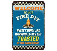 Anjooy Plaque murale en tôle avec inscription « Welcome to Our Firepit Where Friends and Marshmallows Get Toasted-Glare », anti-adoucissant, convient pour les cafés, restaurants, hôtels, fermes, portes de jardin (20,3 x 30,5 cm)