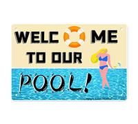 ANJOOY Plaque vintage en étain avec inscription « Welcome to Our Pool » pour cafés, restaurants, hôtels, bars, fermes, portail de jardin (20,3 x 30,5 cm)