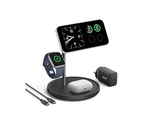 Anker MagGo Chargeur Induction iPhone 3 en 1 15W Compatible MagSafe et Certifié Qi2, Socle de Recharge à Induction pour iPhone Séries 16/15/14/13, AirPods, Apple Watch(Chargeur et câble USB C Inclus)