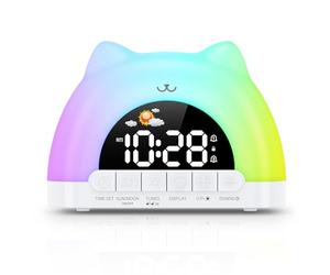 Ankilo Réveil de sommeil pour enfants, lever de soleil avec veilleuse RVB et chargeur USB de musique, 10 sons apaisants, lampe d'ambiance 11 couleurs, fonction snooze, mémoire de sauvegarde pour
