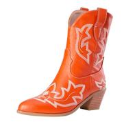 Ankle Boots Bottes western pour femme - Chaussures basses confortables avec talon court - Bottes de cowboy en cuir - Bottes western - Bottines Chelsea - Bottines larges en cuir, Orange, 37 EU