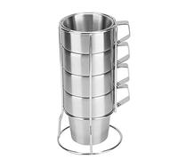 ANKROYU 4 Pièces Tasse à Café en Acier Inoxydable avec Support de Tasse, Tasses à Café Empilables et Durables pour Usage Domestique ou dans Un Café