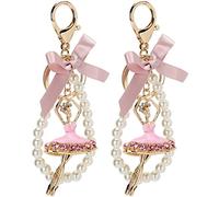 ANKROYU Ballet Girl Porte-clés Pendentif Diamant Clouté Nœud Perle Breloque de Sac en Métal Porte-clés Décor pour Femmes Filles en Alliage de Zinc 2 Pièces 5,7 x 1,6 pouces