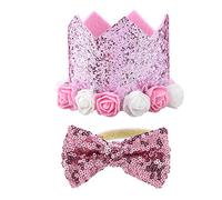 ANKROYU Ensemble de Chapeaux avec nœud Papillon pour Animaux de Compagnie, Couronne de Fleurs Brillantes à la Mode, Casquette élastique réglable pour Chiens, Chats, fête d'annivers (Rose)