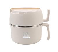 ANKROYU Stainless Steel Noodle Bowl Lunch Box Double Layer Ramen Cooker with Handle Lid Fork Spoon Heat Insulating Food Grade 304 Stainless Steel Large Capacity for Office Workers (Beige)
