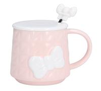 ANKROYU Tasse à thé à café en céramique mignonne 400 ml Conception de nœud avec couvercle et cuillère en acier inoxydable Poignée ergonomique pour un usage domestique Cadeaux de va (Cuillère à