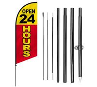 Anley 7,5 FT Drapeau Publicitaire Open 24 Hours sur Hampe - Kit Bannière Extérieure en Forme de Plume avec Mât et Piquet - Panneau d’Horaires d’Ouverture pour Magasins, Restaurants, Stations-Service