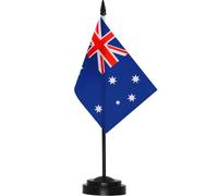 ANLEY Australia Ensemble de drapeaux de bureau de luxe - Drapeau de bureau australien miniature de 6 x 4 pouces avec mât solide de 12 "- Couleurs vives et résistant à la décoloration - Base noire