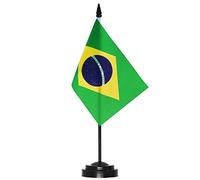 ANLEY Brazil Ensemble de drapeaux de bureau de luxe - Drapeau de bureau brésilien miniature 6 x 4 pouces avec mât solide de 12 "- Couleurs vives et résistant à la décoloration - Base noire et dessus