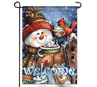 Anley Drapeau de Jardin d'hiver de Bienvenue Premium Double Face, Drapeau Décoratif Snowfman Bird Snowflake-Résistant aux Intempéries-18x12,5cm