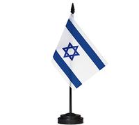 ANLEY Israel Ensemble de drapeaux de bureau de luxe - Drapeau de bureau israélien miniature 6 x 4 pouces avec mât solide de 12 "- Couleurs vives et résistant à la décoloration - Base noire