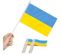 Anley Lot de 12 mini drapeaux ukrainiens - Petits drapeaux ukrainiens miniatures tenus dans la main sur bâton - Résistant à la décoloration - 12,7x20,3 cm avec mât solide et pointe en forme de lance
