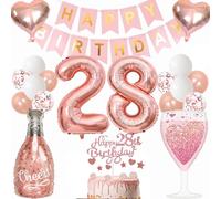 Anlgdi Ballon décoratif 28 ans pour femme - Décoration d'anniversaire 28 ans - Ballon en aluminium - Bouteille de vin - Bouteille de champagne - Ballon à l'hélium - Bannière Happy Birthday