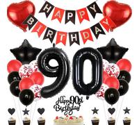 Anlgdi Décoration 90e anniversaire femme, décoration de gâteau d'anniversaire 90 ans femmes, rouge noir décoration d'anniversaire 90 ans femme, ballon 90 anniversaire homme, ballon en aluminium 90 ans