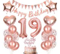 Anlgdi Décoration d'anniversaire 19 ans pour fille, décoration de gâteau d'anniversaire 19 ans, décoration pour fille 19 ans, ballons or rose, ballons 19 ans, bannière Happy Birthday, décoration 19