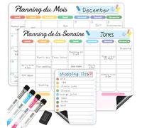 ANLIOTE 3 Pièces Calendrier Magnétique pour Frigo, Tableau Blanc Effaçable | A3 Planning Mensuel et Semainier Aimanté de Cuisine et Maison, Organiseur Réfrigérateur Familial, Memo Tableau avec 4 Feutres