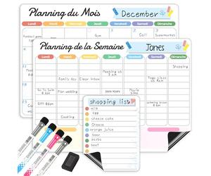 ANLIOTE 3 Pièces Calendrier Magnétique pour Frigo, Tableau Blanc Effaçable | A3 Planning Mensuel et Semainier Aimanté de Cuisine et Maison, Organiseur Réfrigérateur Familial, Memo Tableau avec 4 Feutres