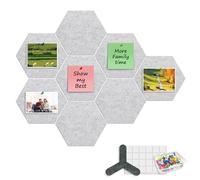 ANLIOTE Lot de 8 Tableaux d'Affichage Hexagonaux en Feutre, ép. 12 mm | avec 80 Épingles, Dalles Murales Adhésives, Alternative au Liège, Déco Pense-Bête Géométrique pour Bureau (Gris Clair)