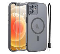 ANLYGOLD Magnétique Coque pour iPhone 12 avec 2 Verre Trempé et Cordon, Compatible avec MagSafe, [Protection d'objectif Tout Compris] [Antichoc Militaire] Étui Translucide Mat Givrée Housse, Gris