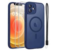 ANLYGOLD Magnétique Coque pour iPhone 12 avec 2 Verre Trempé et Cordon, Compatible avec MagSafe, [Protection d'objectif Tout Compris] [Antichoc Militaire] Étui Translucide Mat Givrée Housse, Bleu