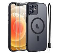 ANLYGOLD Magnétique Coque pour iPhone 12 avec 2 Verre Trempé et Cordon, Compatible avec MagSafe, [Protection d'objectif Tout Compris] [Antichoc Militaire] Étui Translucide Mat Givrée Housse, Noir