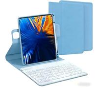 AnMengXinLing Étui avec clavier vertical pour iPad 9e/8e/7e génération, rotation à 360° avec porte-crayon pour iPad9/iPad8/iPad7/Air3/Pro 10.5, rotation à 360°, bleu + blanc