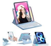AnMengXinLing Étui clavier pour iPad Air 11" 2025 (M3)/2024 (M2)/Air 5/Air 4, étui vertical pour iPad Pro 11, avec clavier et porte-crayon, dos transparent magnétique rotatif amovible (bleu ciel)