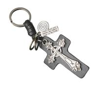 ANMITI Porte-clé en cuir synthétique style punk à la mode avec pendentif en forme de crucifix religieux, accessoire unique pour femmes et hommes, Argent ancien noir, taille unique