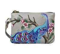 Anna by Anuschka Porte-monnaie original en cuir peint à la main pour femme avec fermeture éclair sur le dessus et dragonne amovible, Paon Bliss Taupe, Taille unique