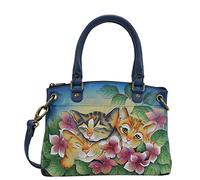 Anna by Anuschka Small Satchel, Petit Sac en Cuir véritable Peint à la Main pour Femme Motif Trois Chatons Bleu, Taille Unique