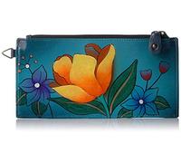Anna by Anuschka Womens Hand Painted Leather Organizer Wallet, Portefeuille en Cuir véritable Peint à la Main pour Femme Motif, Floral Garden Denim, Taille Unique
