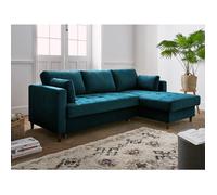 Lisa Design - Canapé d'angle Convertible avec Coffre - Angle Droit - Anna en Velours - Canapé Lit - Sofa Bleu Canard 4 Places - Salon