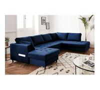 Anna - canapé panoramique d'angle droit - 7 places - convertible avec coffre - en velours - Bleu nuit