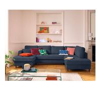 Anna - canapé panoramique d'angle droit 7 places convertible avec coffre en velours texturé - Bleu