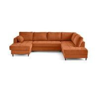Lisa Design - Anna - canapé panoramique d'angle Droit 7 Places Convertible avec Coffre en Velours texturé, Rouille